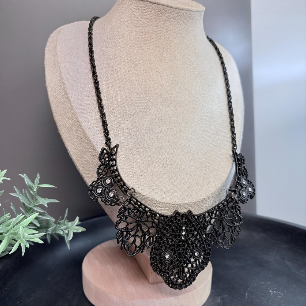 Gothic Owl Statement Necklace 20 In | Black Filigree Bib | Witchy Dark Academia - Picture 7 of 7